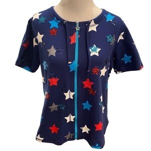 Quaker Factory Women’s Zip Up Short Sleeve Top w/Sequin Red White & Blue Stars.